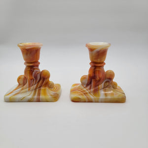 Pair Of Vintage Kanawha Orange Slag Glass Candle Holders