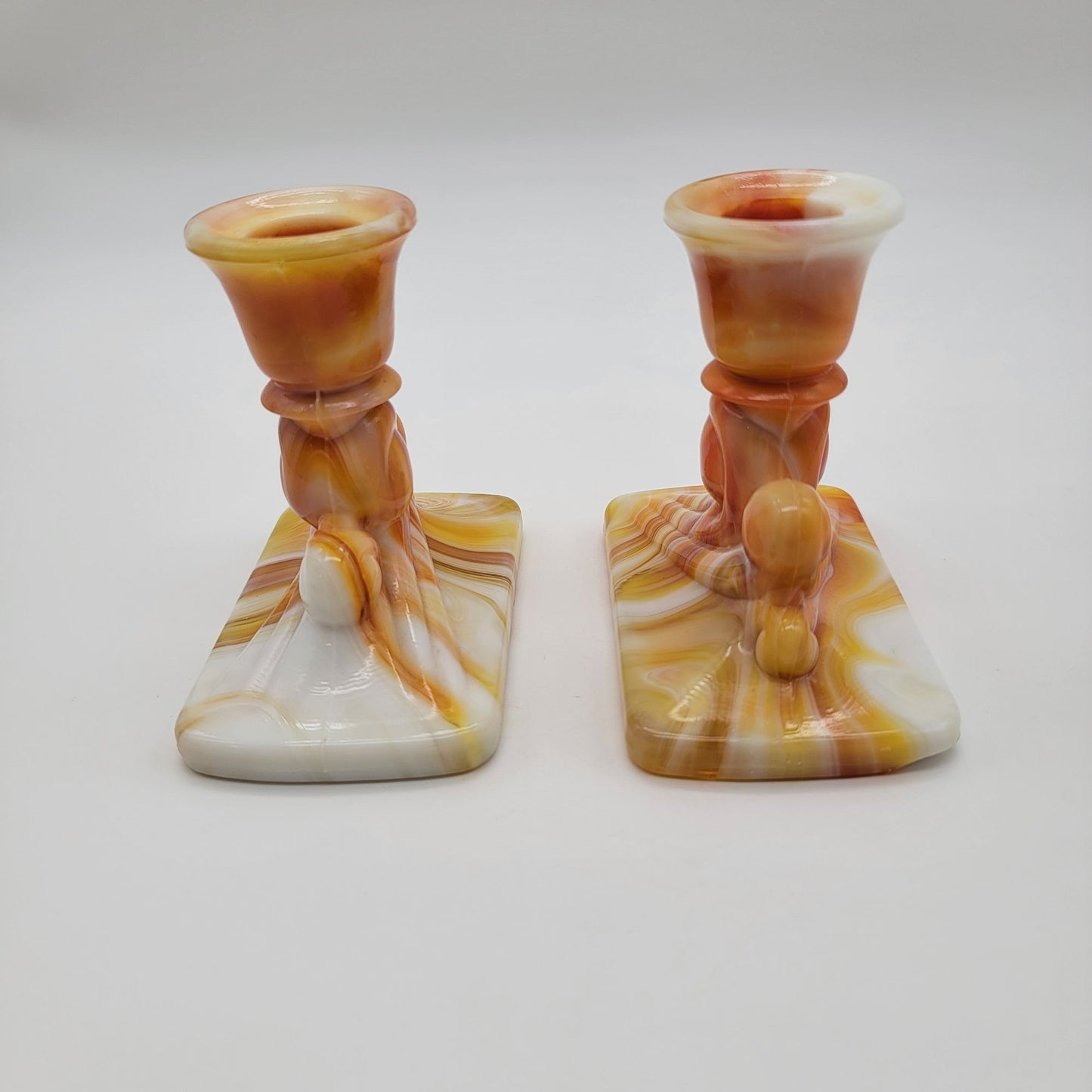 Pair Of Vintage Kanawha Orange Slag Glass Candle Holders