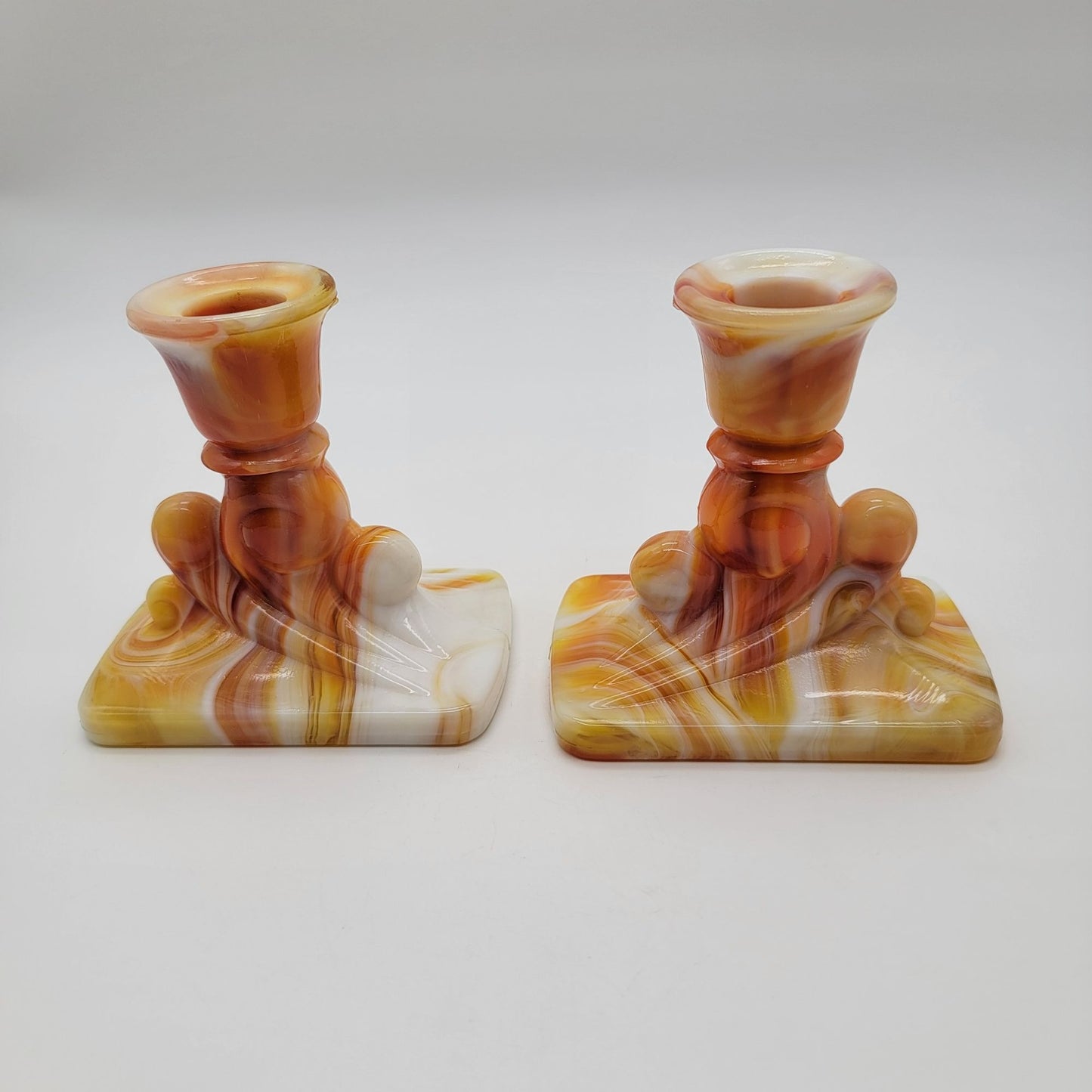 Pair Of Vintage Kanawha Orange Slag Glass Candle Holders
