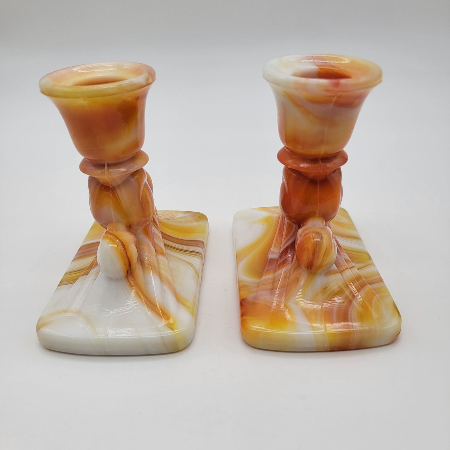 Pair Of Vintage Kanawha Orange Slag Glass Candle Holders