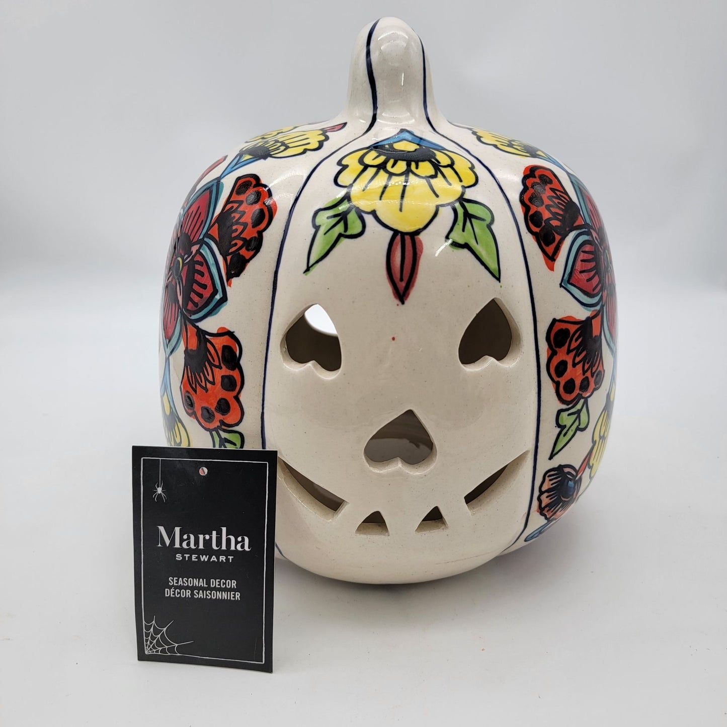 Talavera Style Halloween Pumpkin Jack-O-Lantern White with Large Yellow Flower