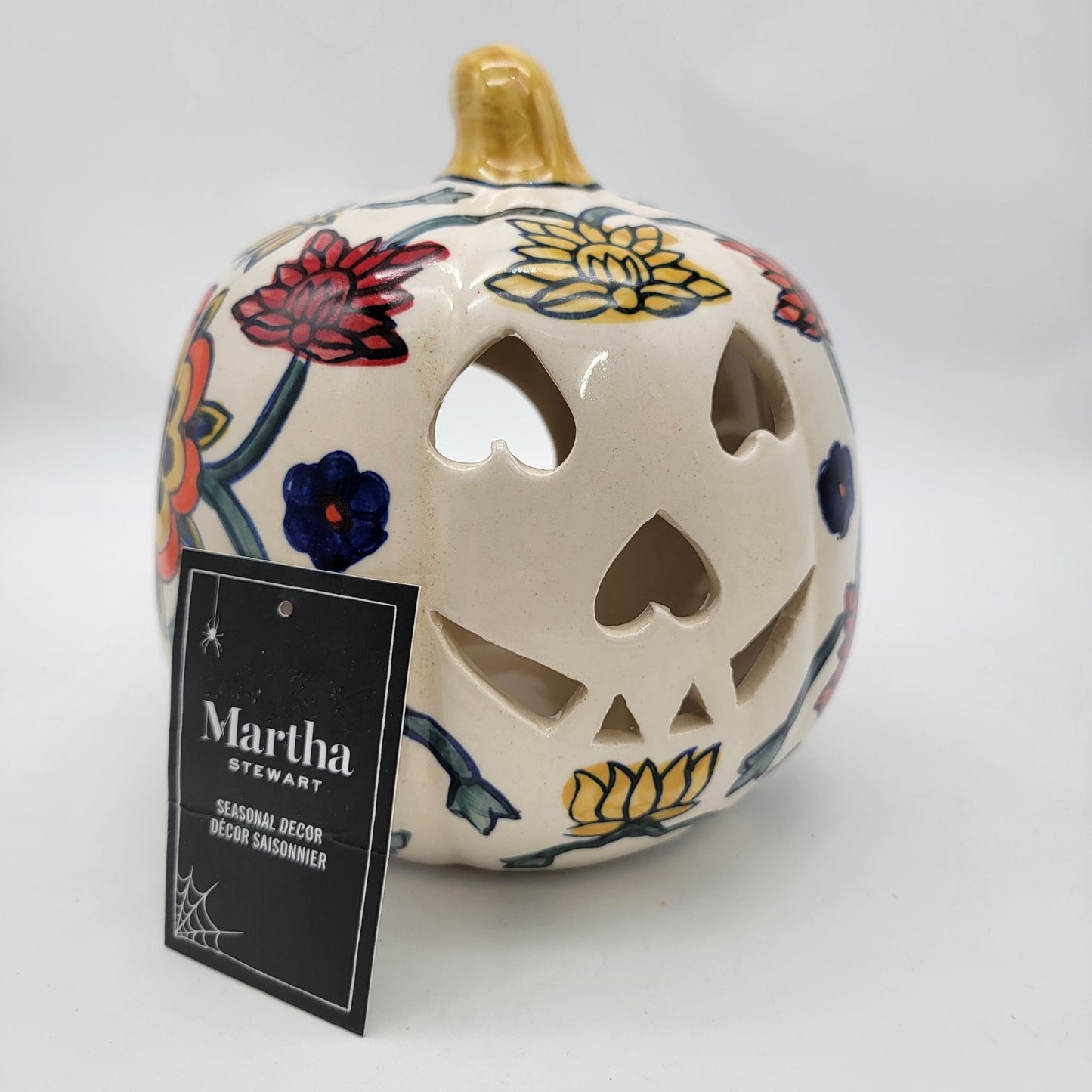 Talavera Style Halloween Pumpkin Jack-O-Lantern White with Large Yellow Flower
