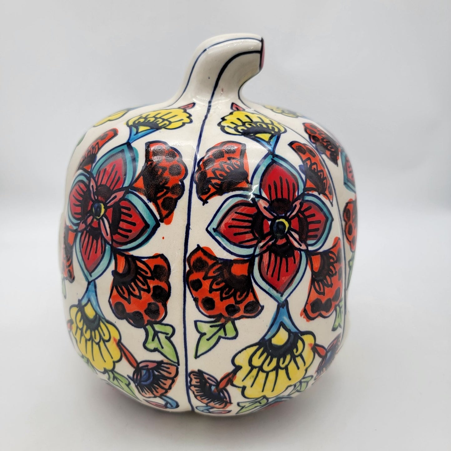 Talavera Style Halloween Pumpkin Jack-O-Lantern White with Large Yellow Flower