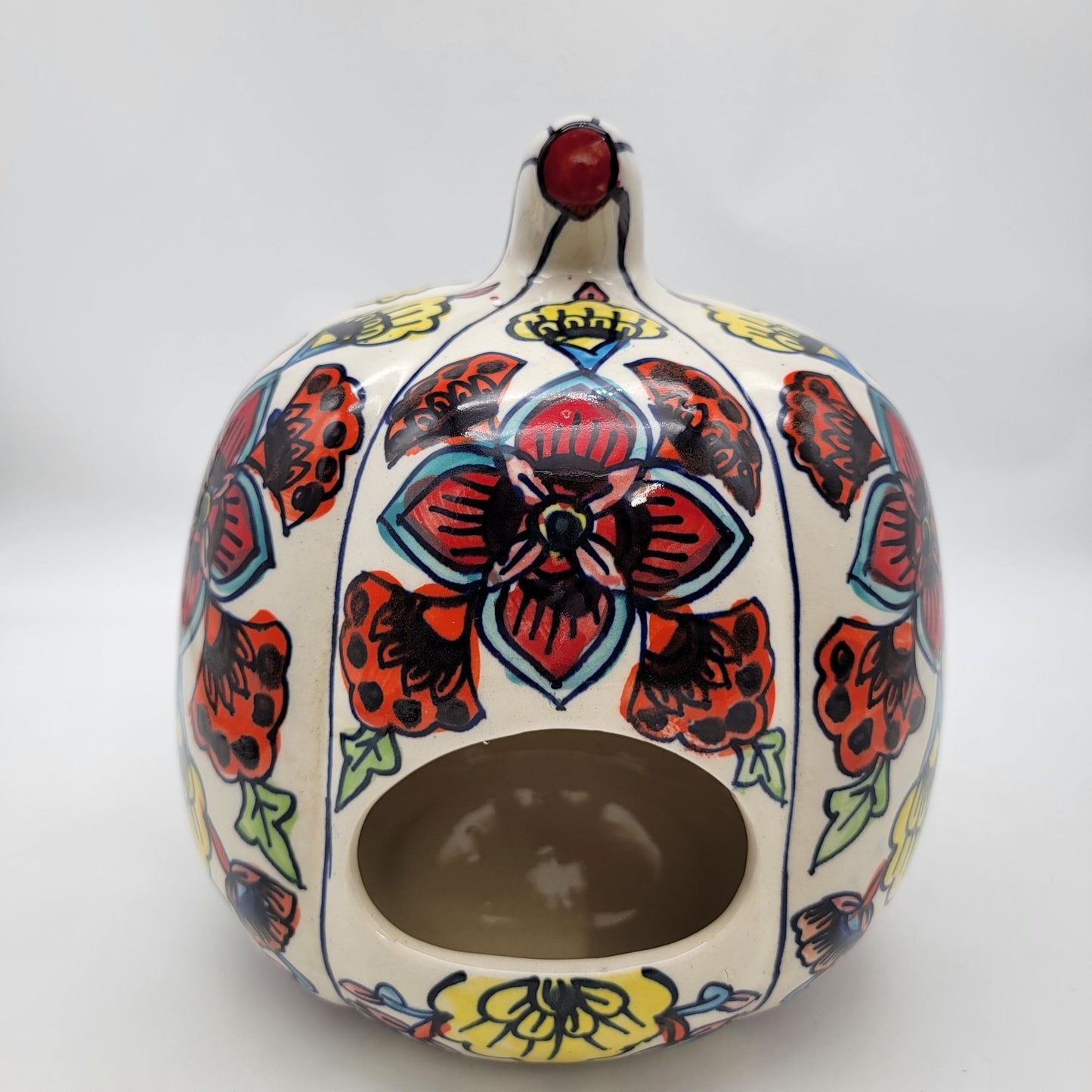 Talavera Style Halloween Pumpkin Jack-O-Lantern White with Large Yellow Flower