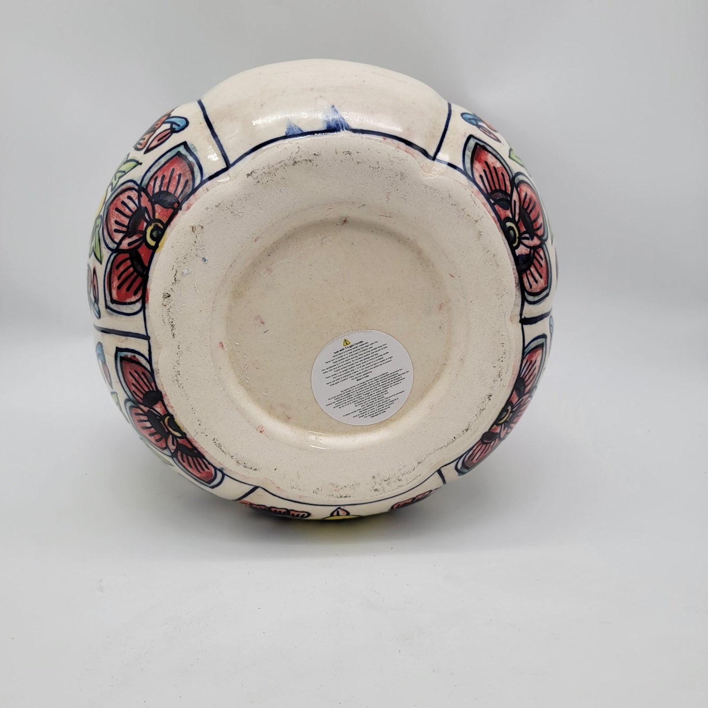 Talavera Style Halloween Pumpkin Jack-O-Lantern White with Large Yellow Flower