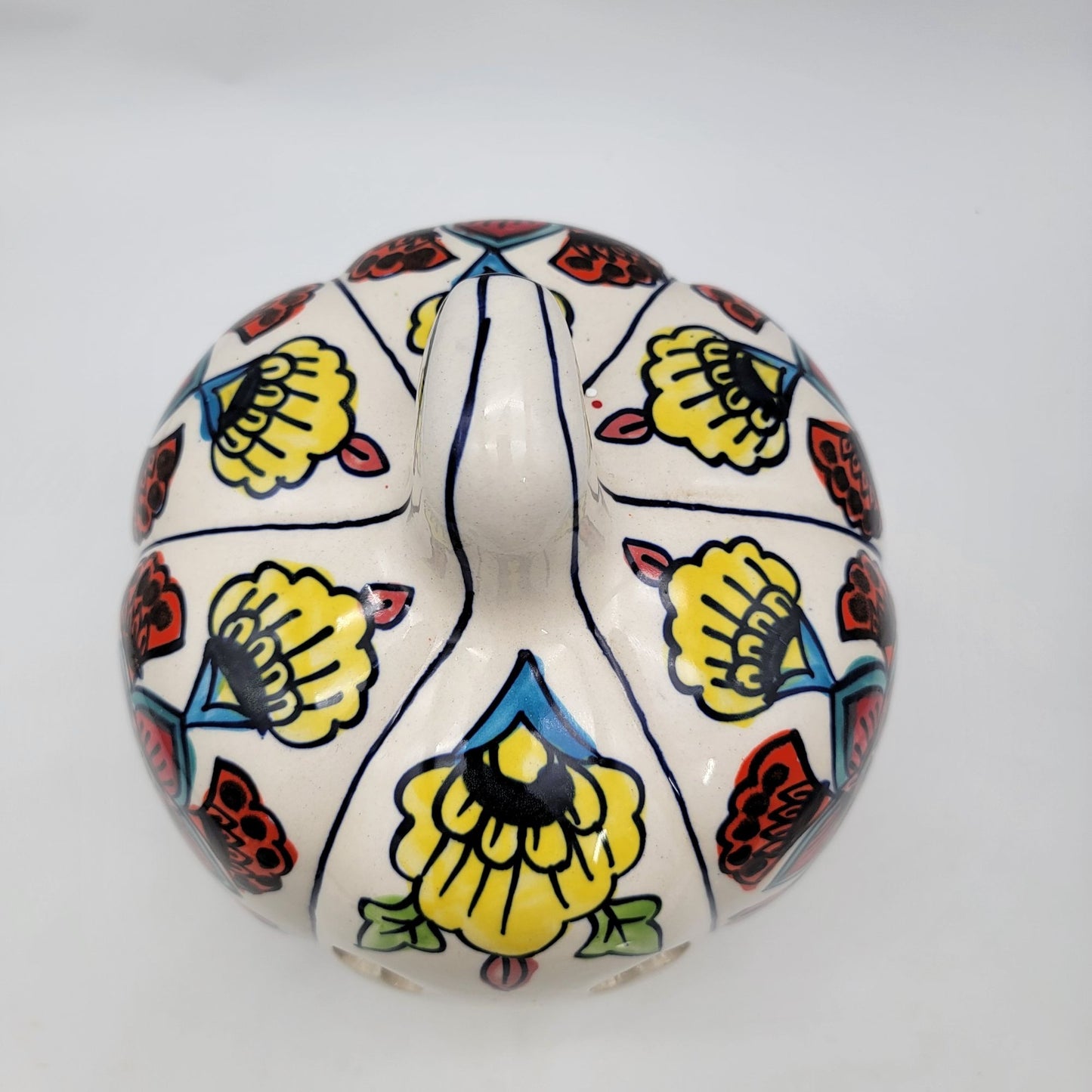 Talavera Style Halloween Pumpkin Jack-O-Lantern White with Large Yellow Flower