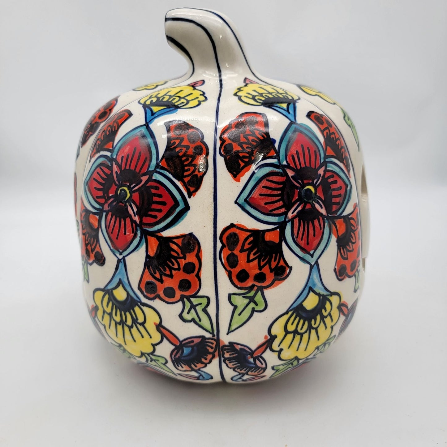 Talavera Style Halloween Pumpkin Jack-O-Lantern White with Large Yellow Flower