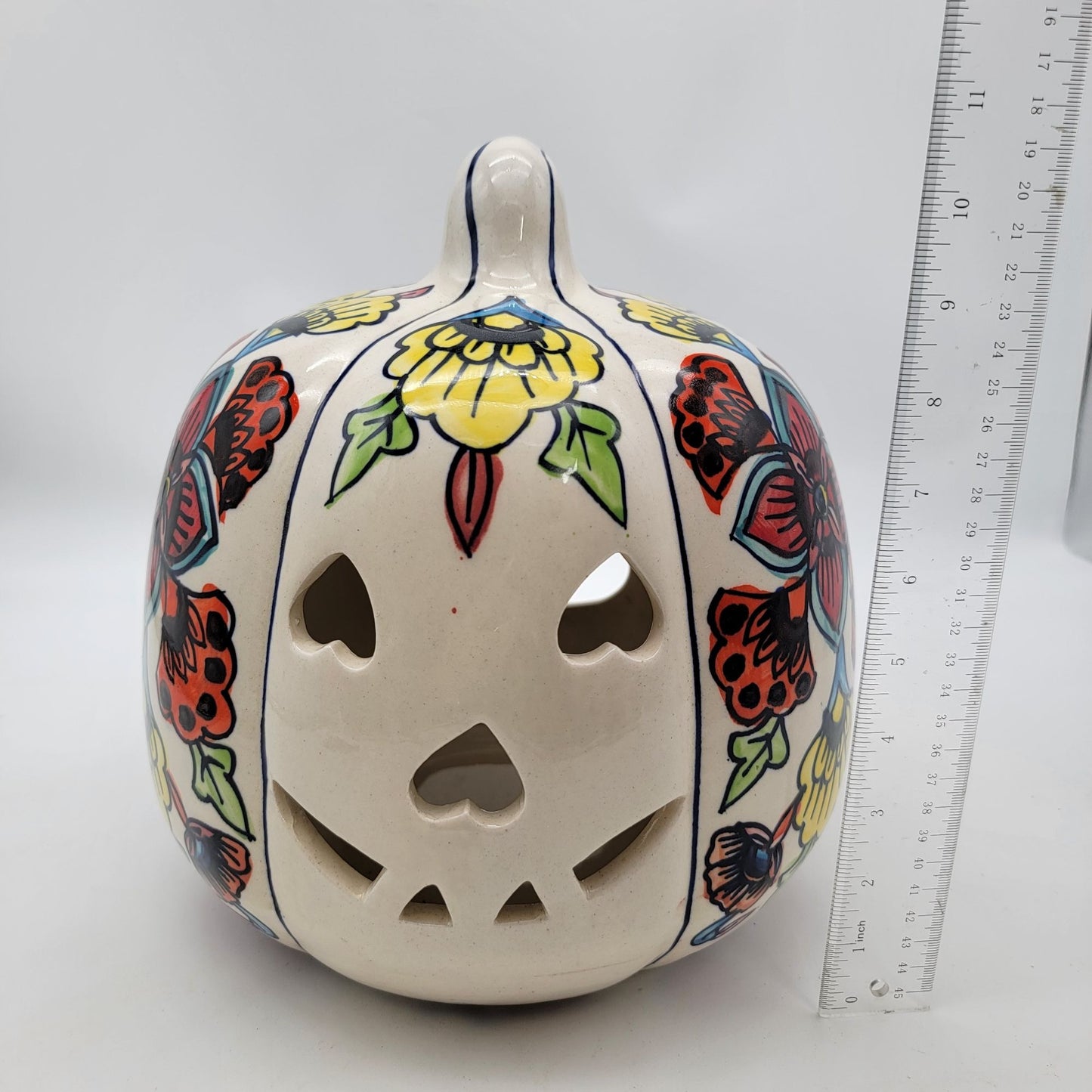 Talavera Style Halloween Pumpkin Jack-O-Lantern White with Large Yellow Flower