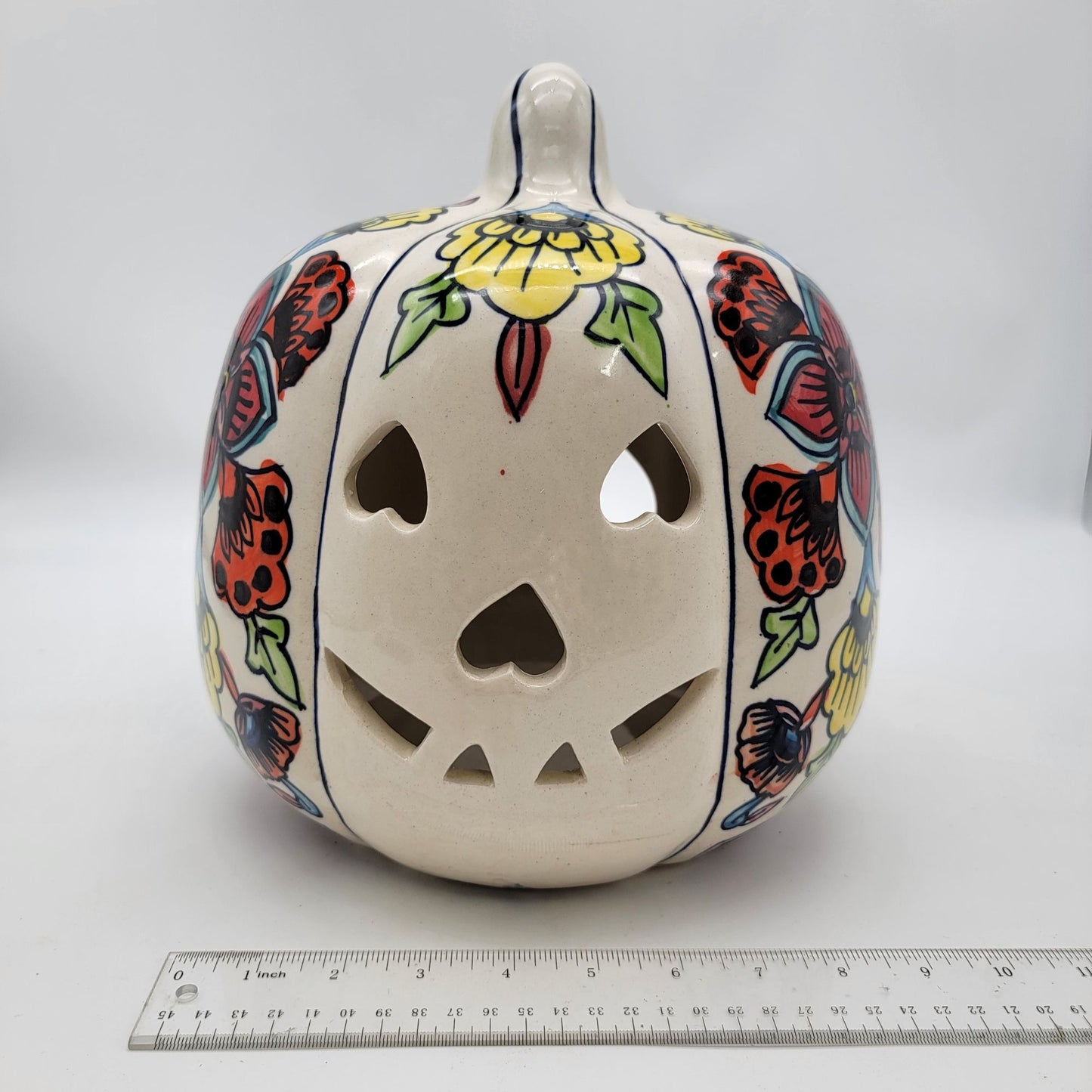 Talavera Style Halloween Pumpkin Jack-O-Lantern White with Large Yellow Flower