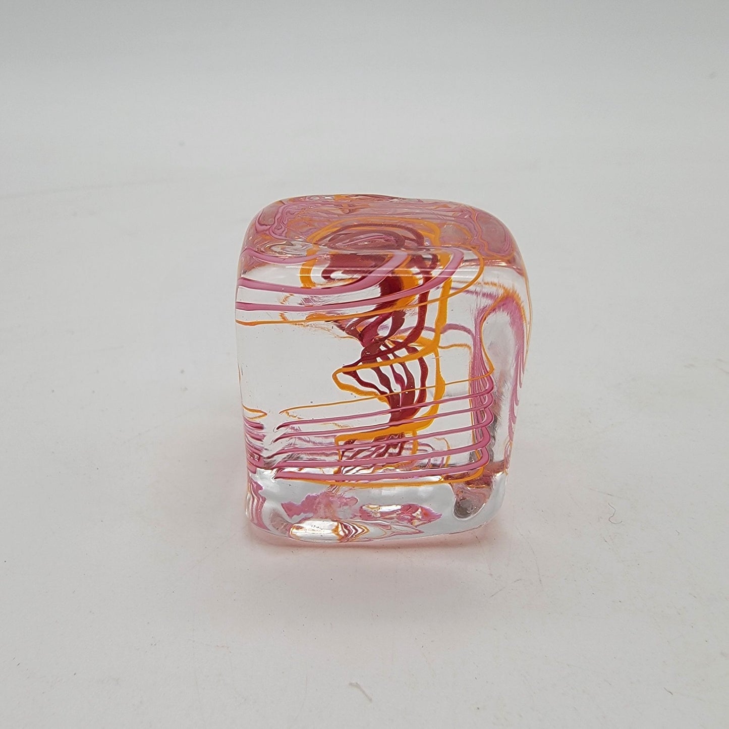 Miniature Art Glass Cube Paperweight With Pink & Orange Swirls