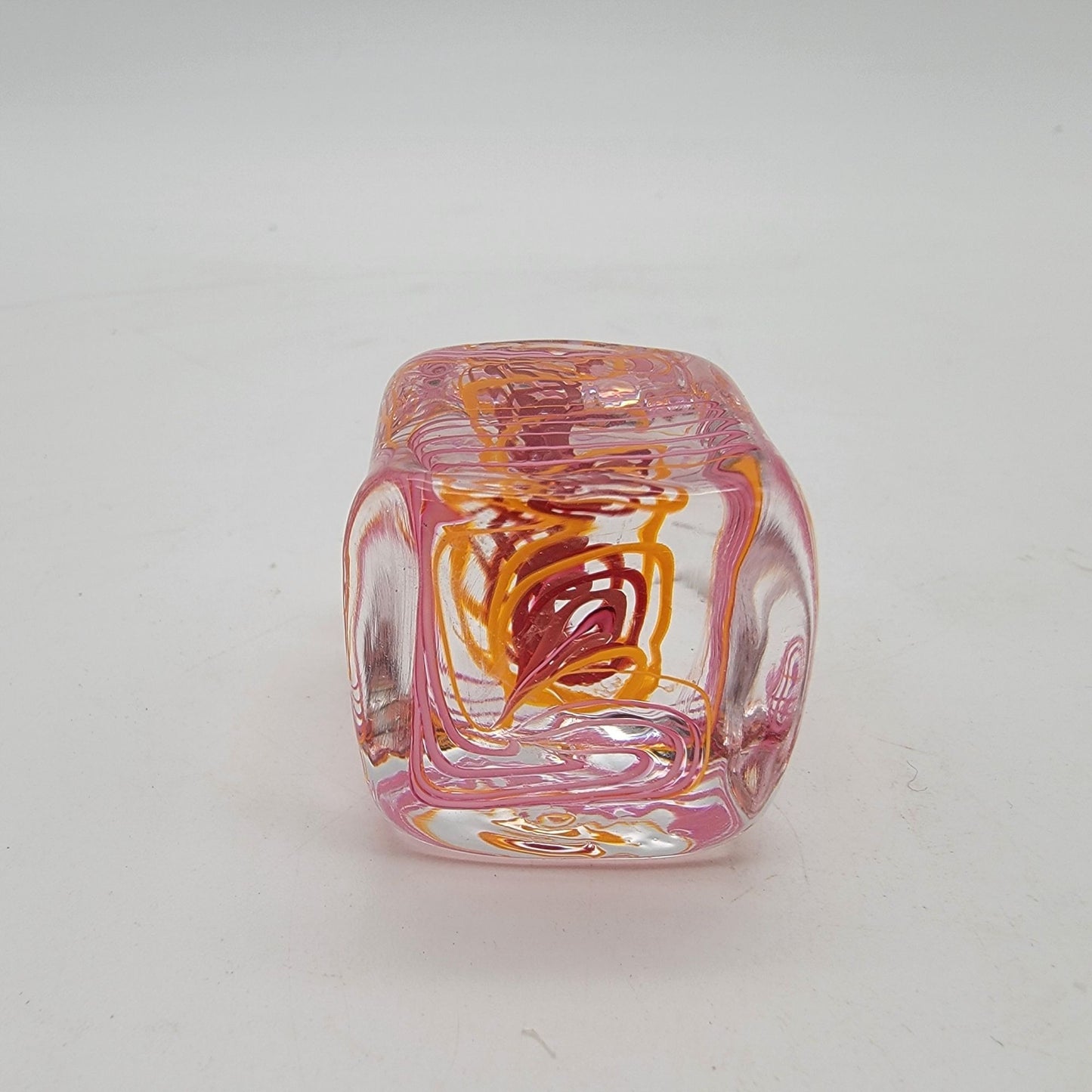 Miniature Art Glass Cube Paperweight With Pink & Orange Swirls