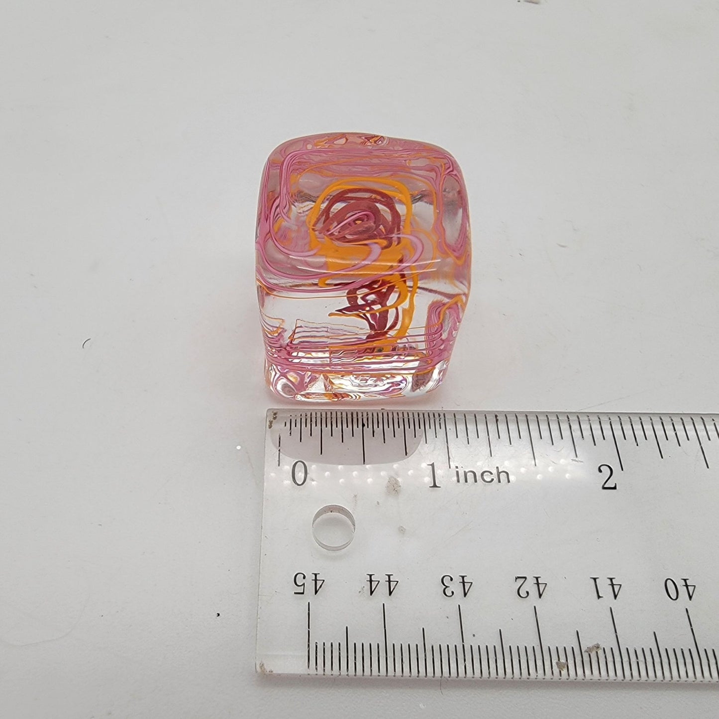 Miniature Art Glass Cube Paperweight With Pink & Orange Swirls