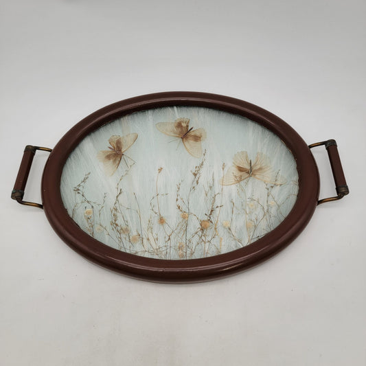 Vintage Pressed Flowers & Butterflies Oval Wood Serving Tray