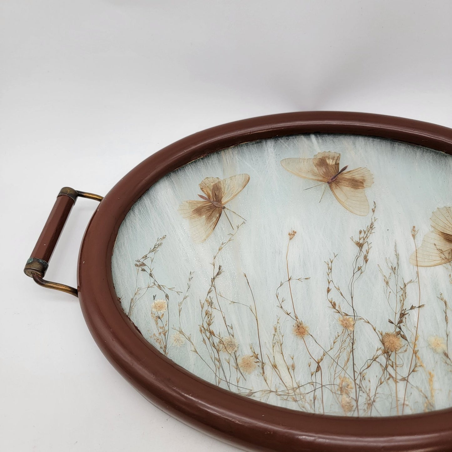 Vintage Pressed Flowers & Butterflies Oval Wood Serving Tray